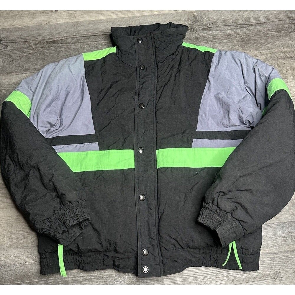 VTG 90s Grand Targhee Puffer Ski Jacket Men's Size M Black Neon Green Colorblock